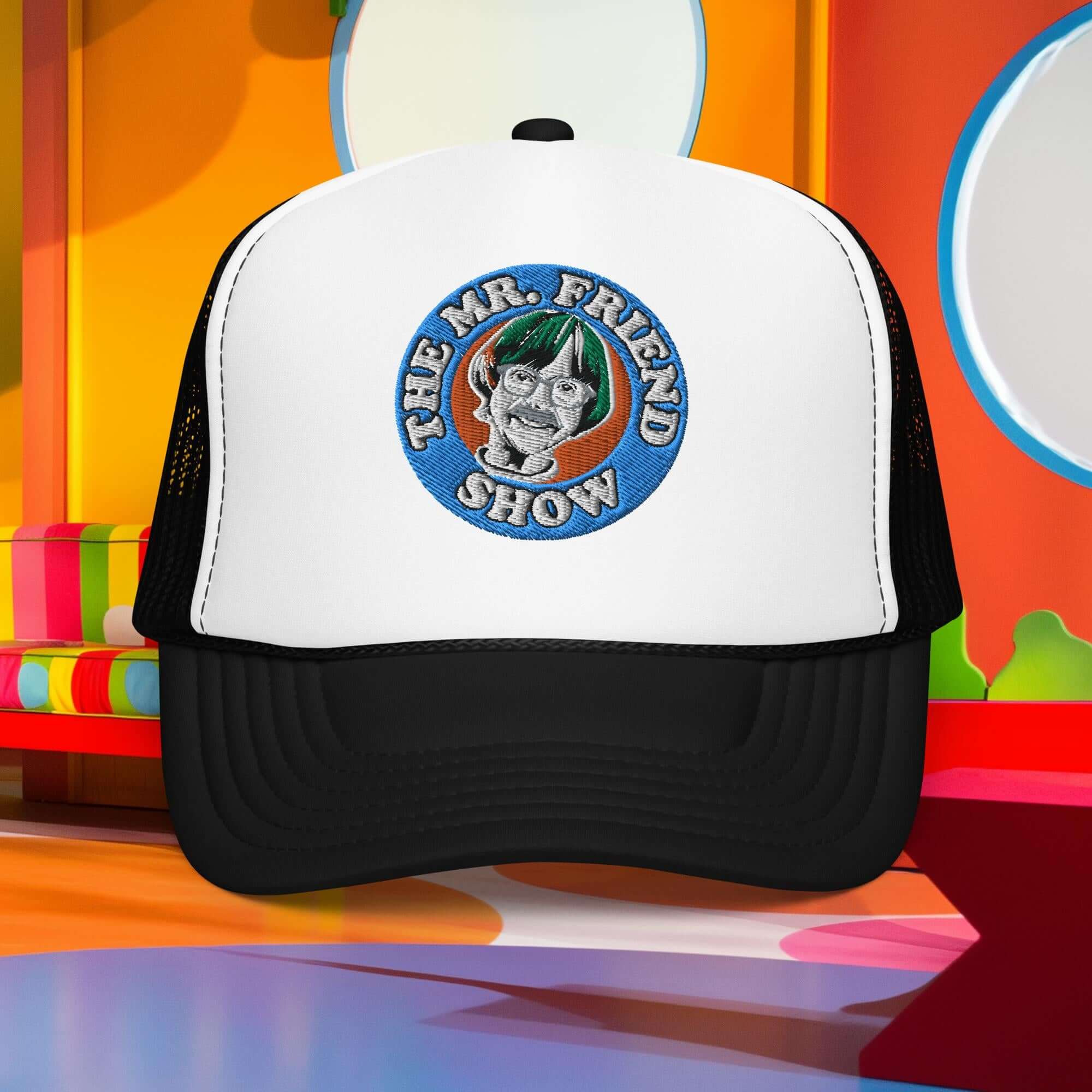Mr. Friend Foam Truck Hat featuring colorful logo on a white front, perfect for fun and stylish outfits.