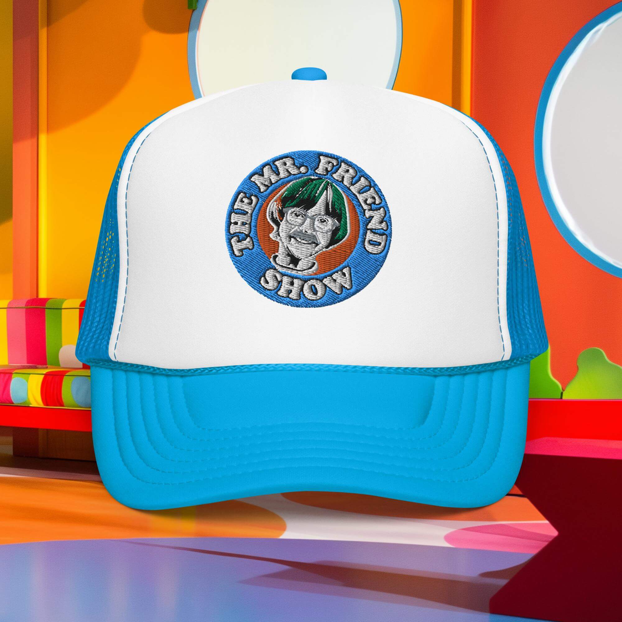 Fun Mr. Friend foam trucker hat featuring colorful logo, perfect for playful outfits and sunny days.