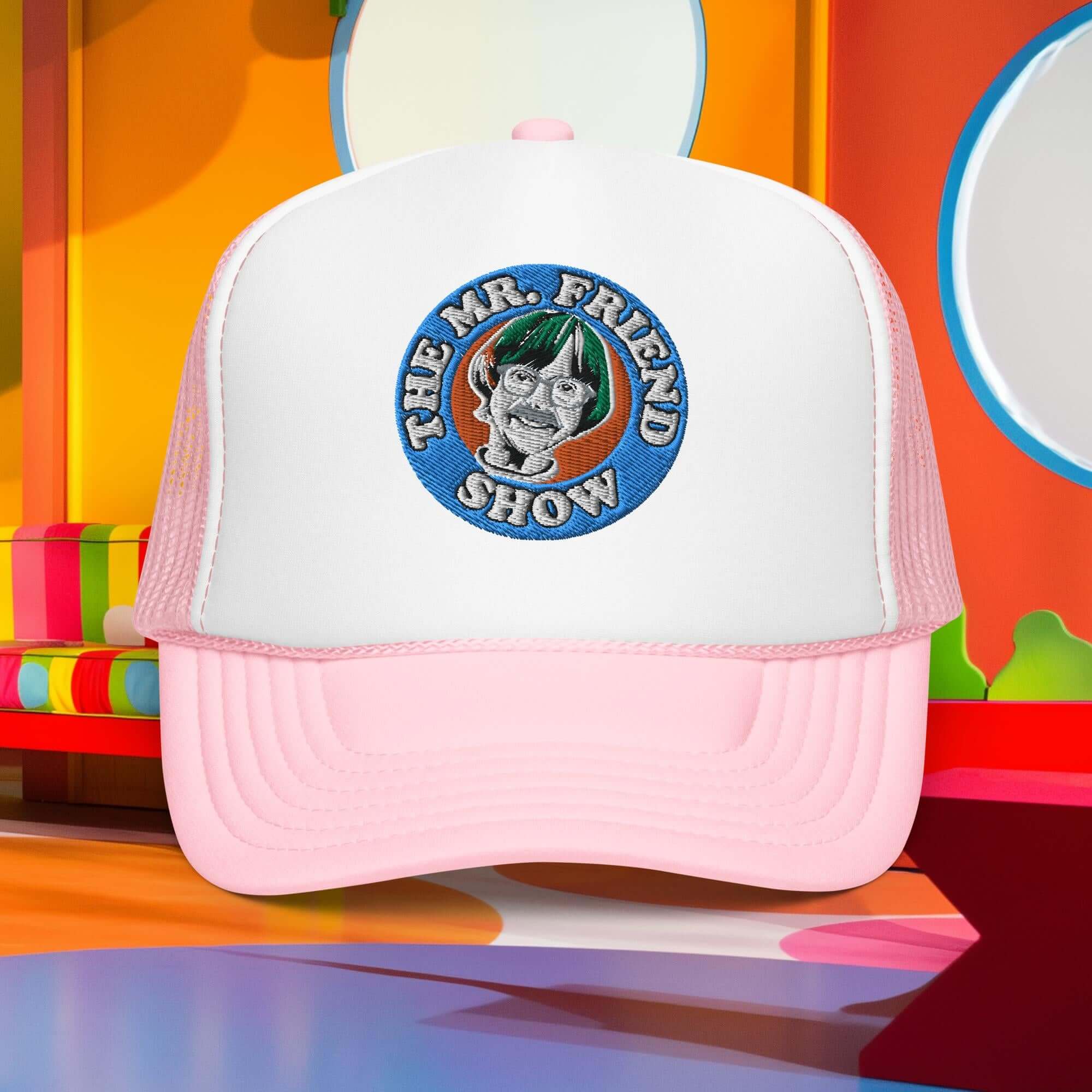 Mr. Friend Foam Truck Hat featuring a playful logo, perfect for showing friend love in style. Pink and white trucker hat design.