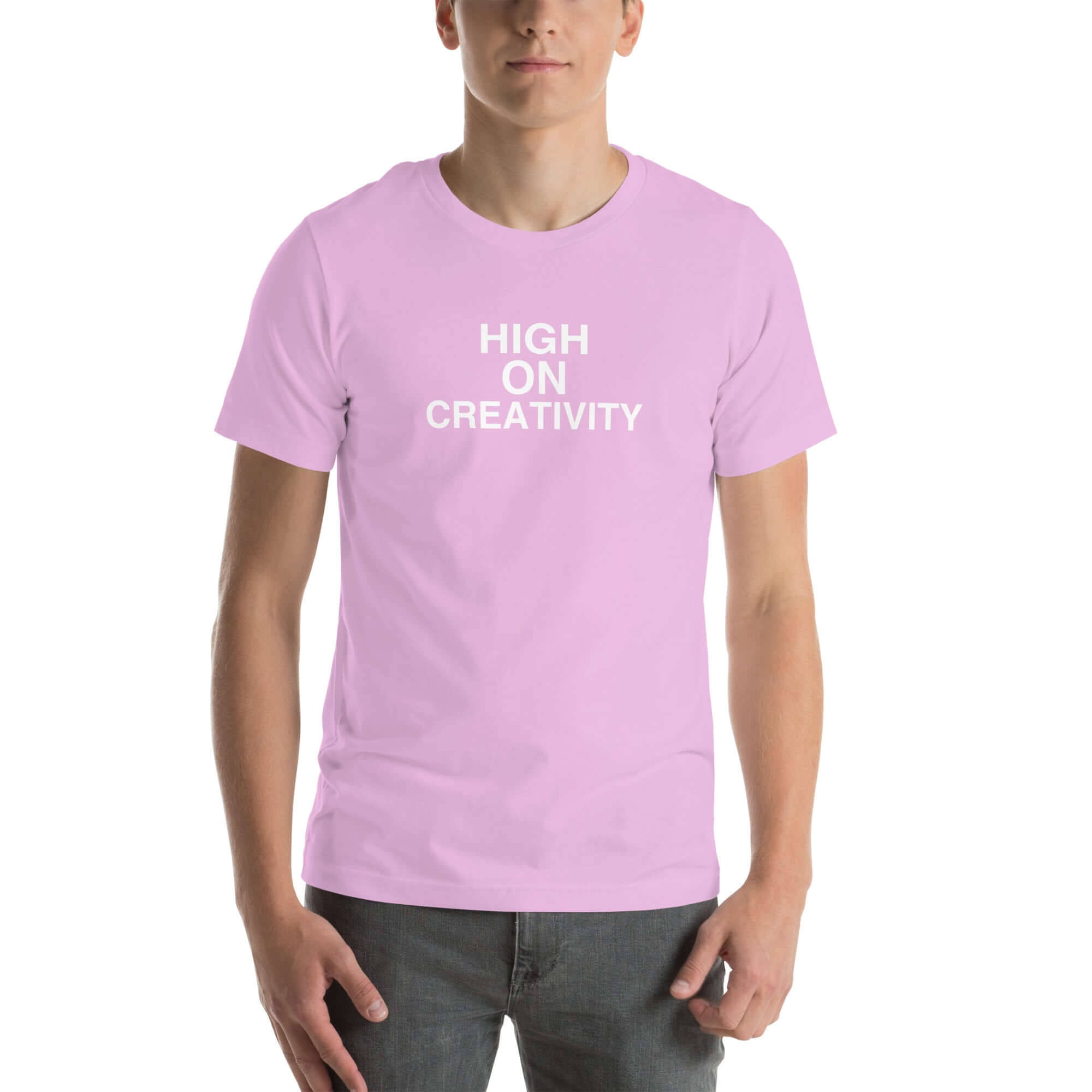 Man wearing a lilac t-shirt with the text ‘HIGH ON CREATIVITY’ in bold white capital letters, centered on the chest