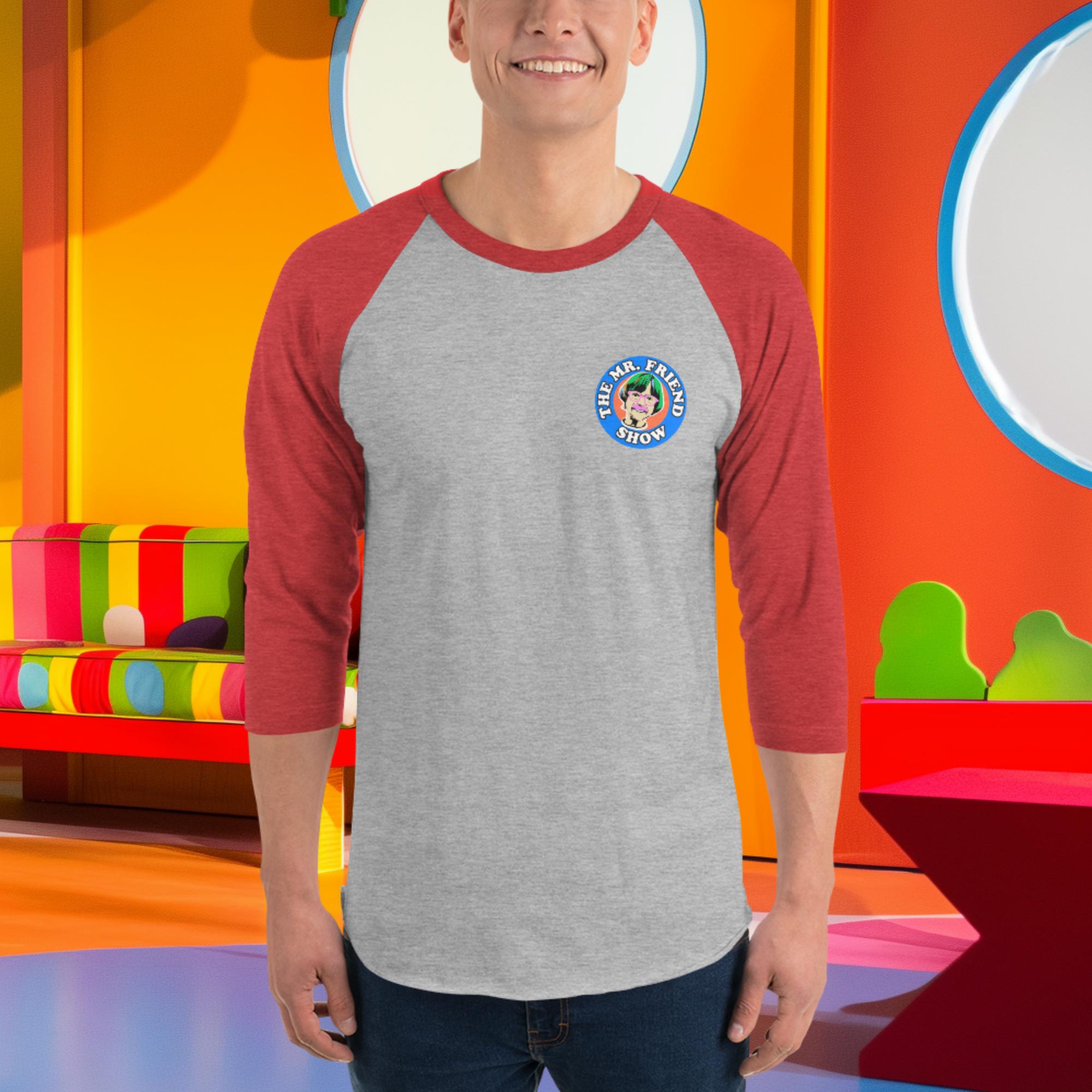 Comfortable 3/4 sleeve raglan shirt featuring Mr. Friend logo, perfect for casual wear in a colorful setting.