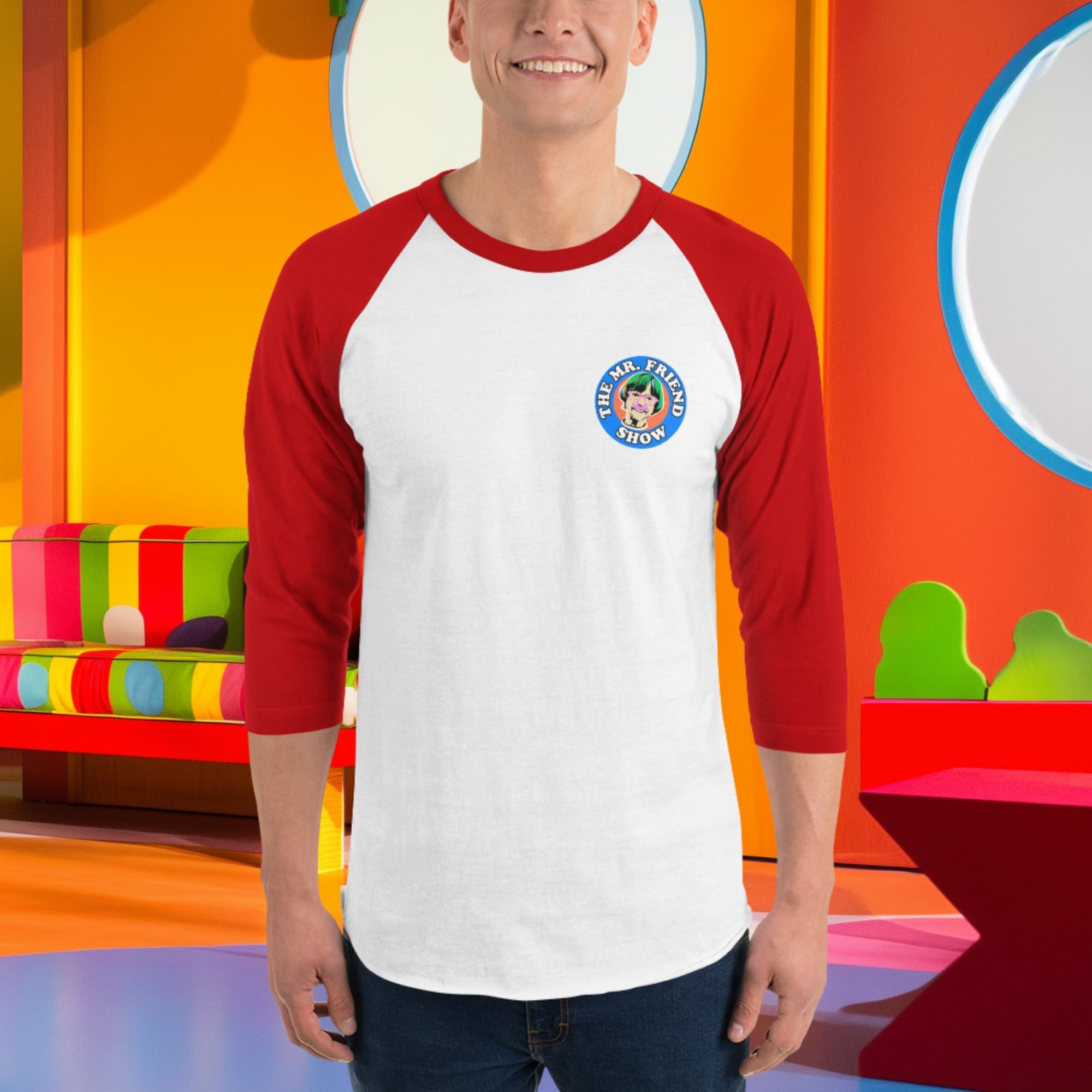 Stylish 3/4 sleeve raglan shirt from The Mr. Friend Show, featuring a colorful design and comfortable fit. Perfect for casual wear!