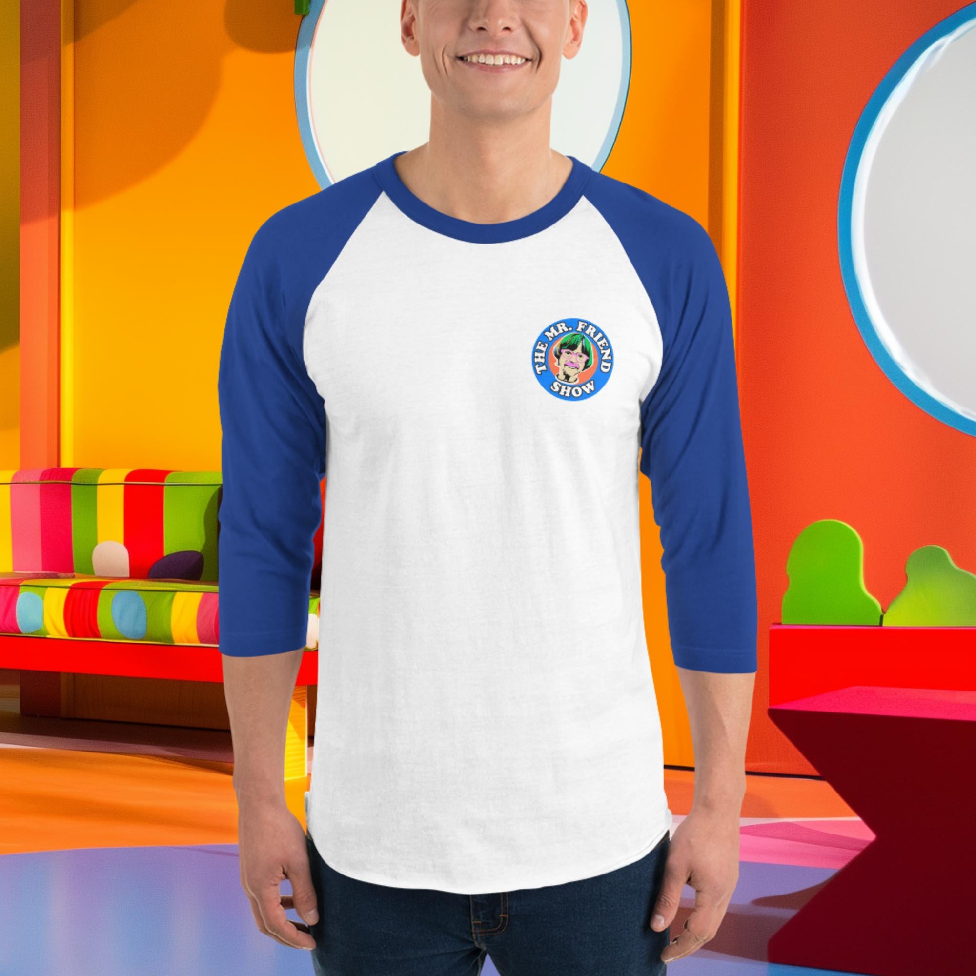 Stylish 3/4 sleeve raglan shirt from The Mr. Friend Show, featuring a colorful logo against a vibrant background.