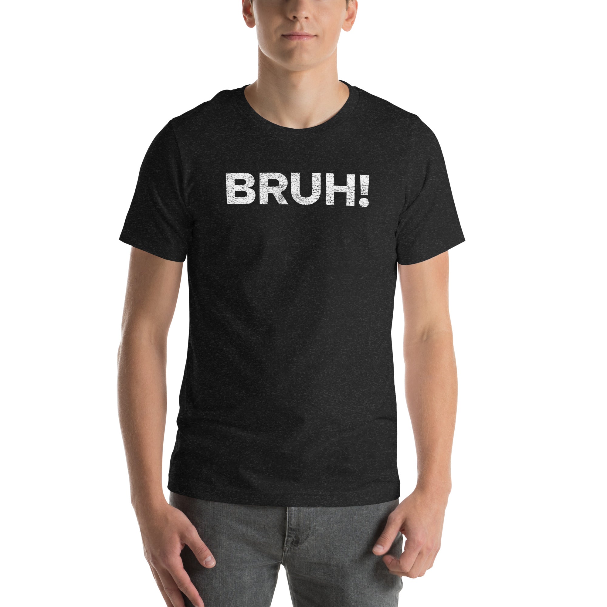 Unisex &#39;Bruh&#39; T-shirt in black, featuring bold white text for a casual, carefree style. Ideal for laid-back outings.