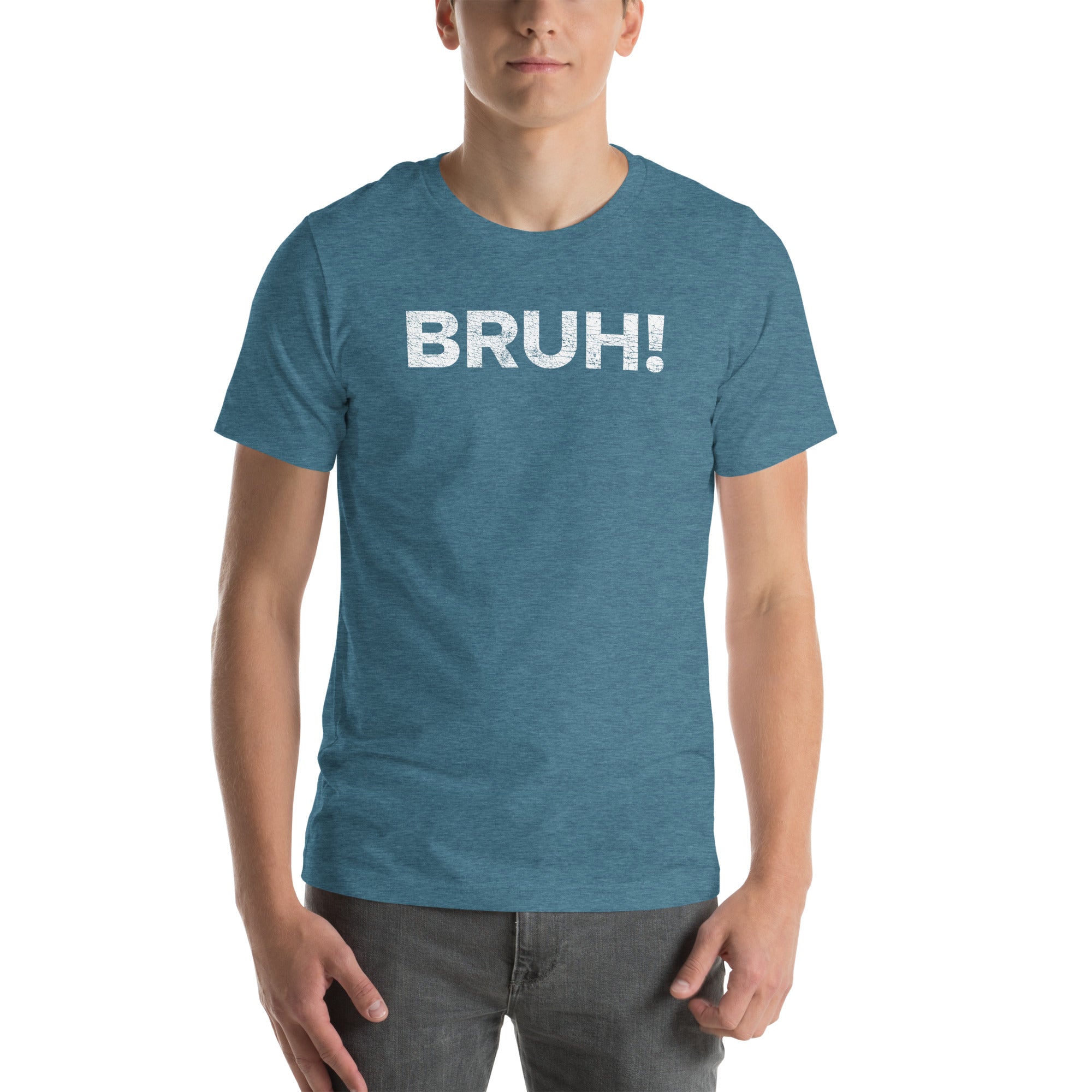 Unisex blue &#39;Bruh&#39; T-shirt featuring bold text, perfect for casual wear and expressing a carefree attitude.