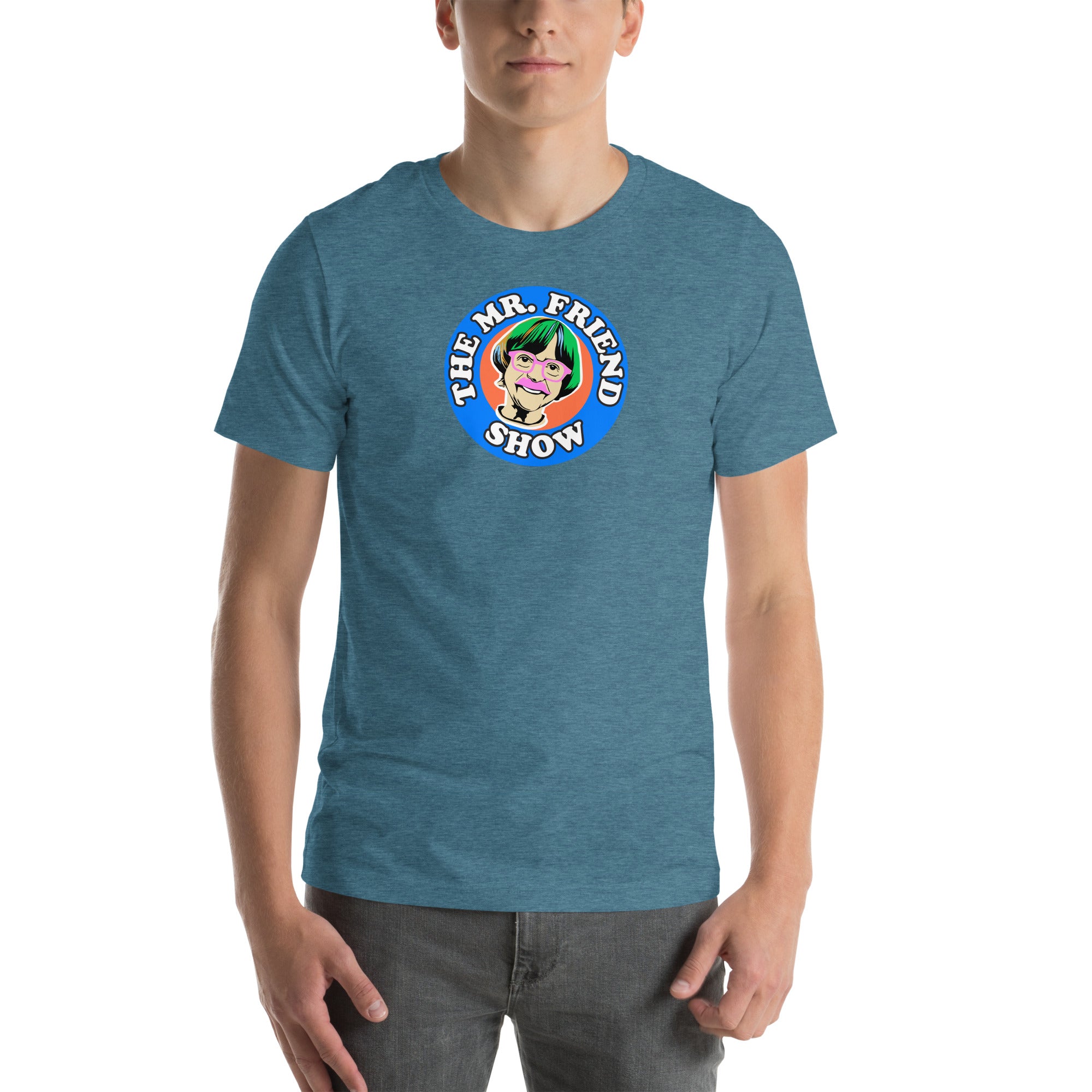 Man wearing a blue t-shirt featuring 'The Mr. Friend Show' logo with a colorful illustrated portrait and retro-style typography