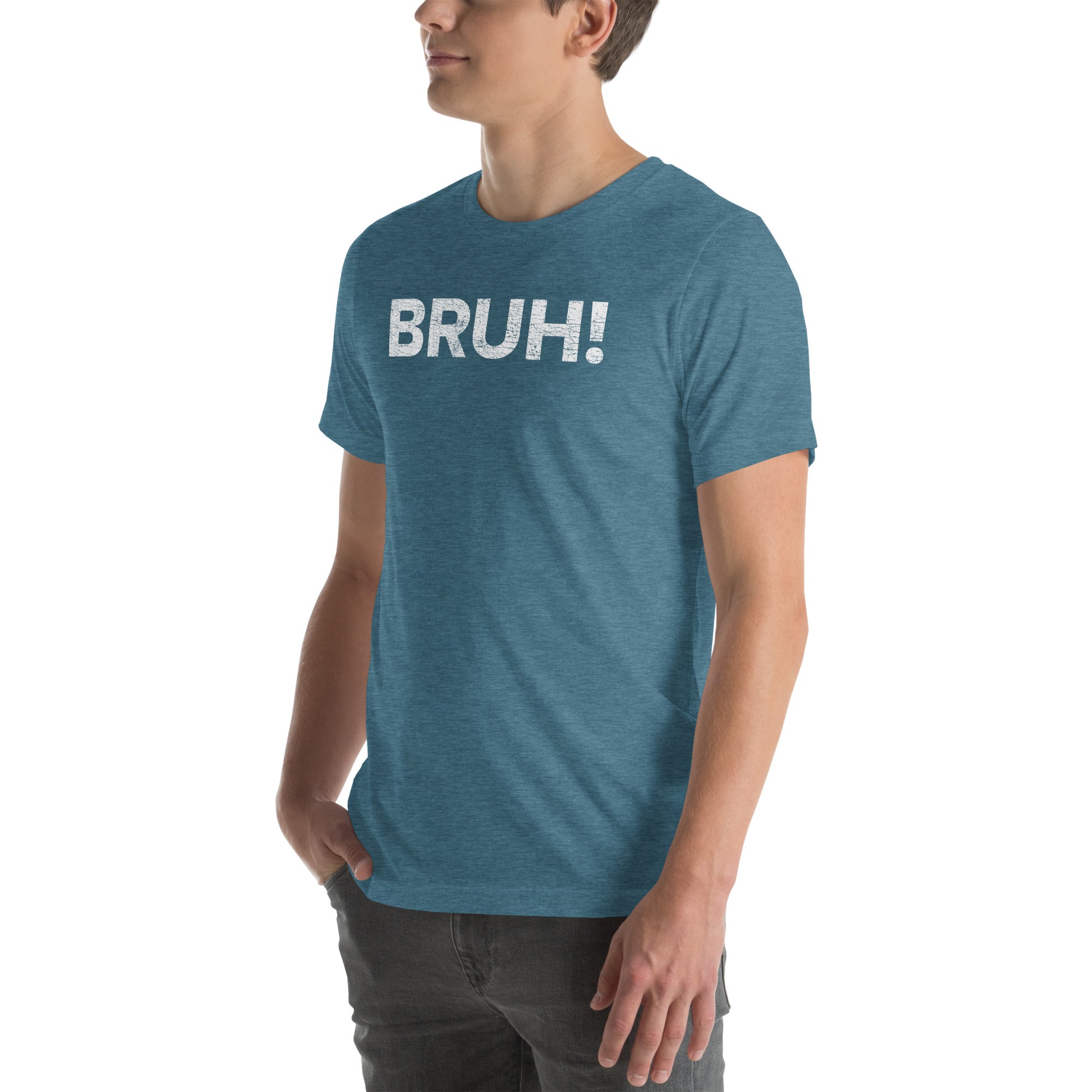 Unisex BRUH! T-shirt displayed on a model, featuring a casual blue color and relaxed fit for effortless style.