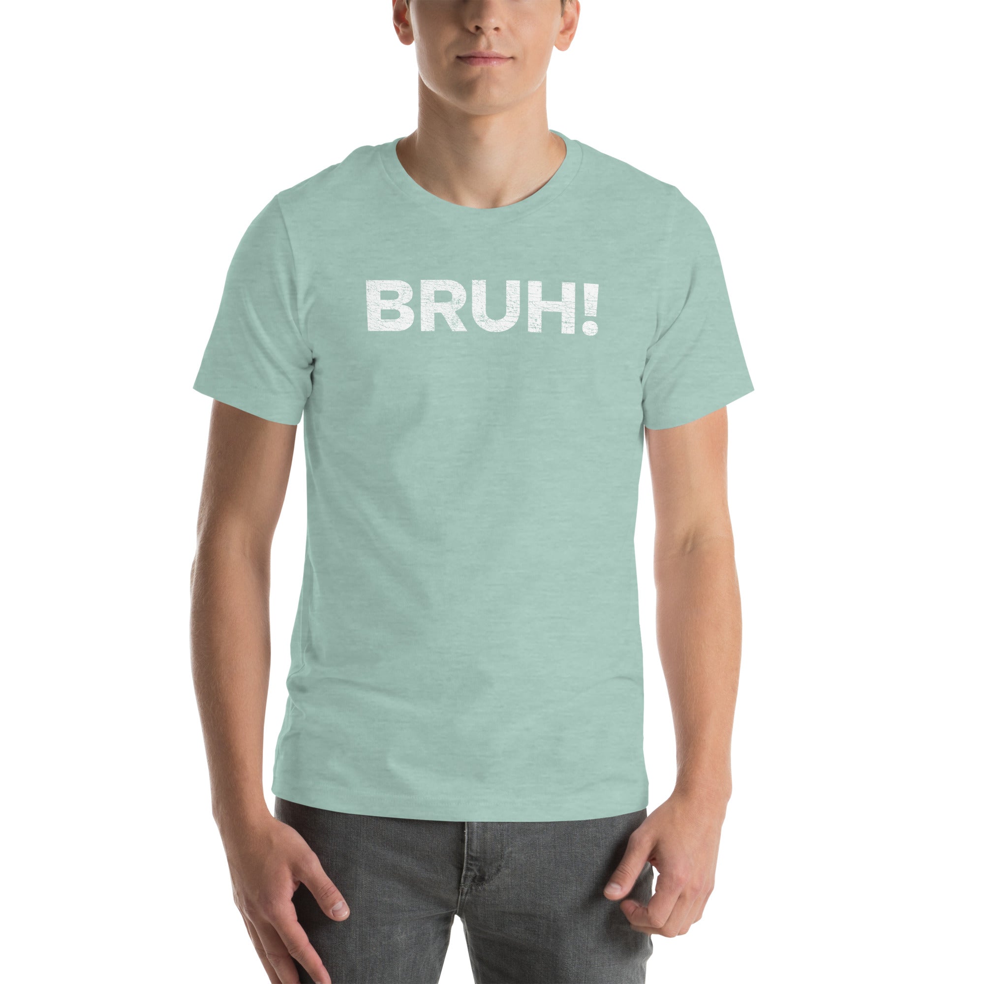 Unisex mint green &quot;Bruh&quot; T-shirt featuring bold white text, perfect for casual wear and a carefree style.