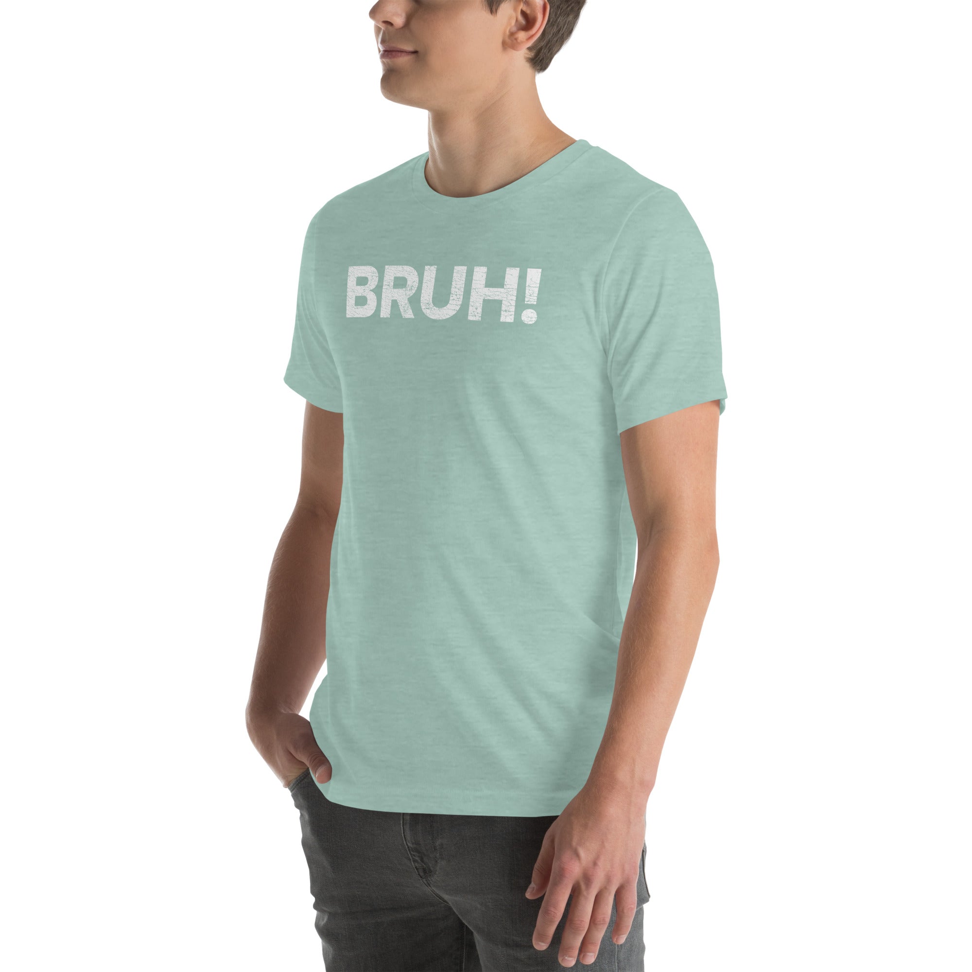 Unisex &#39;Bruh&#39; T-shirt in light blue worn by a model, featuring bold text for a carefree style.