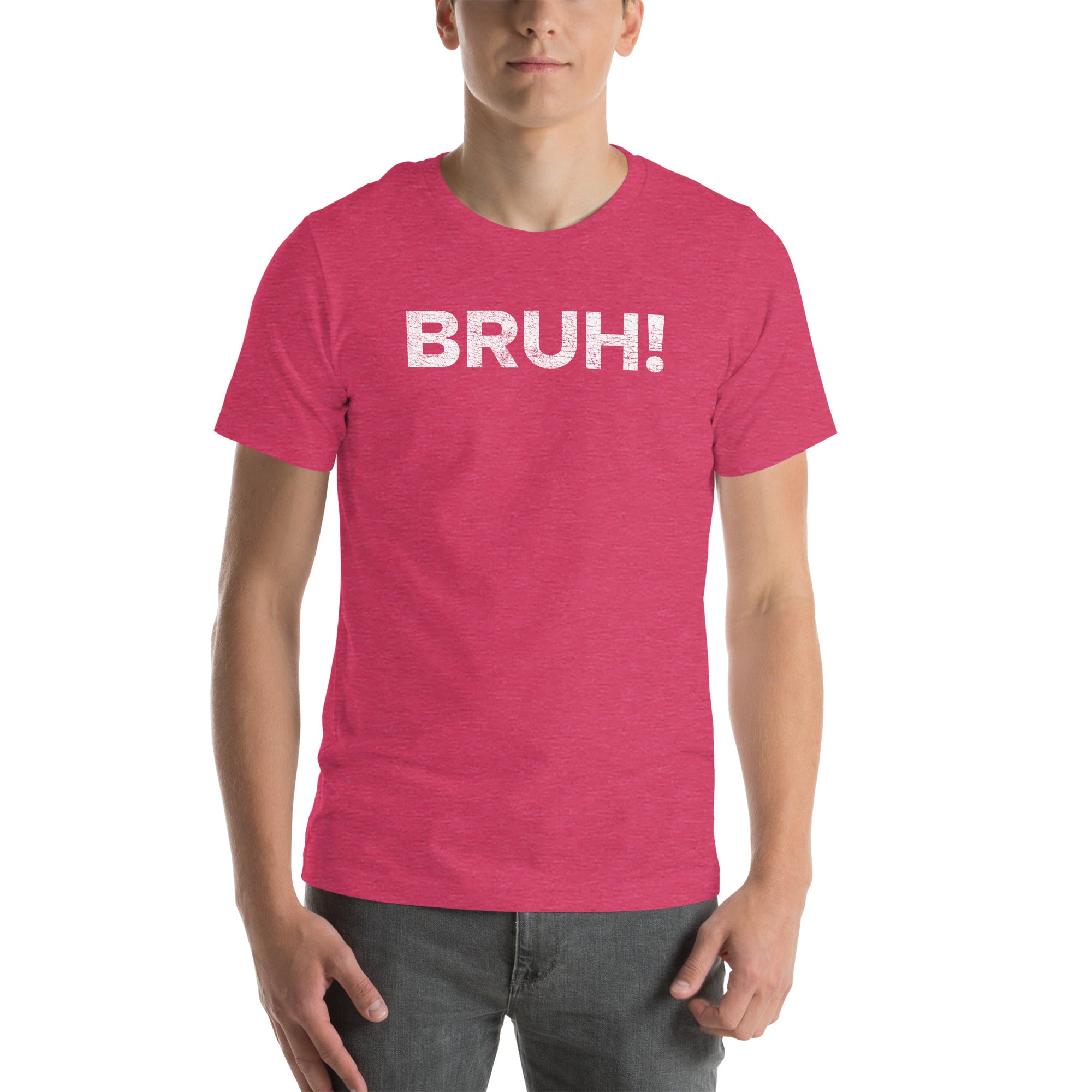 Unisex pink &#39;Bruh&#39; T-shirt, perfect for casual wear and showcasing a carefree attitude, made from 100% cotton.