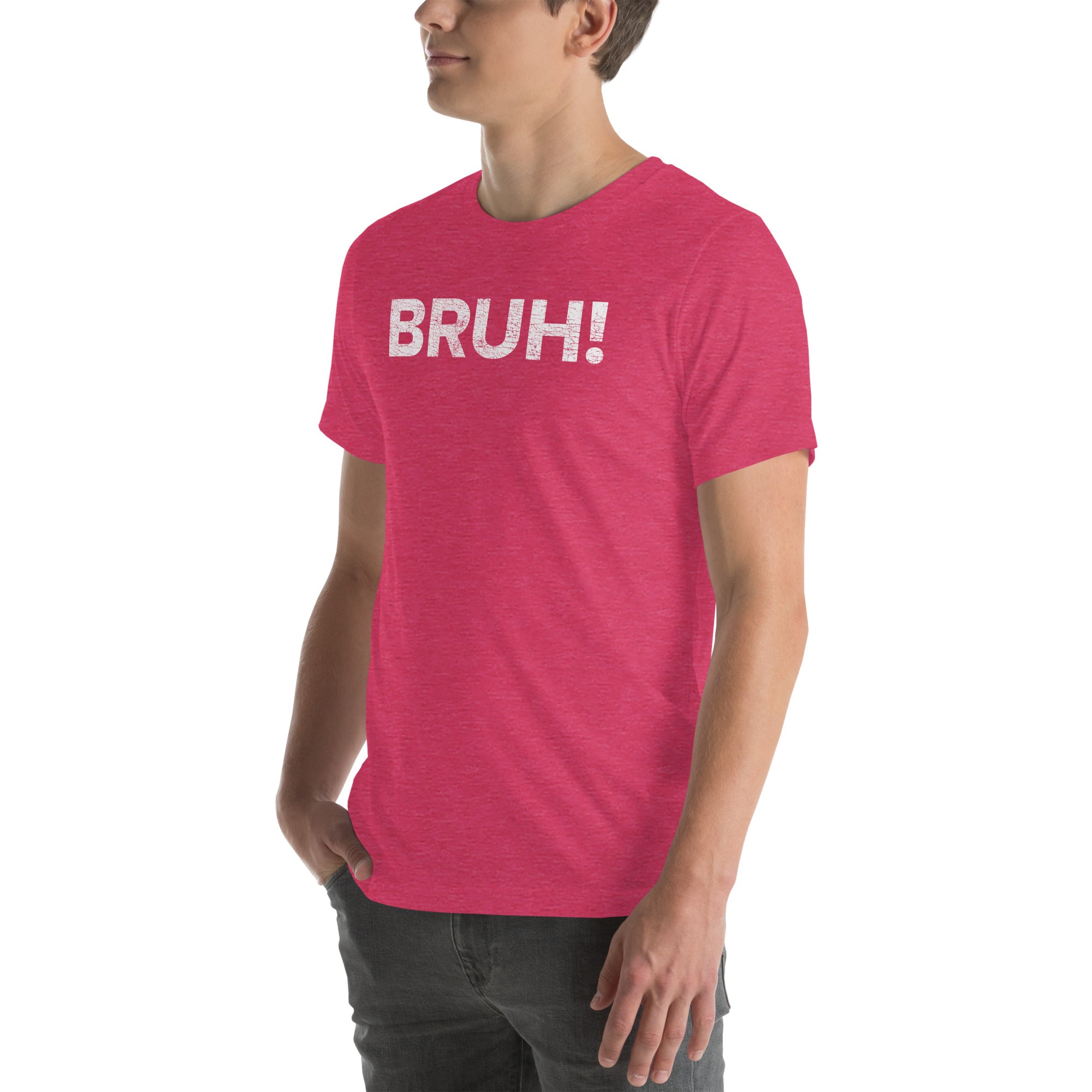Unisex pink &#39;Bruh&#39; T-shirt worn by a man, showcasing a laid-back style for casual outings.
