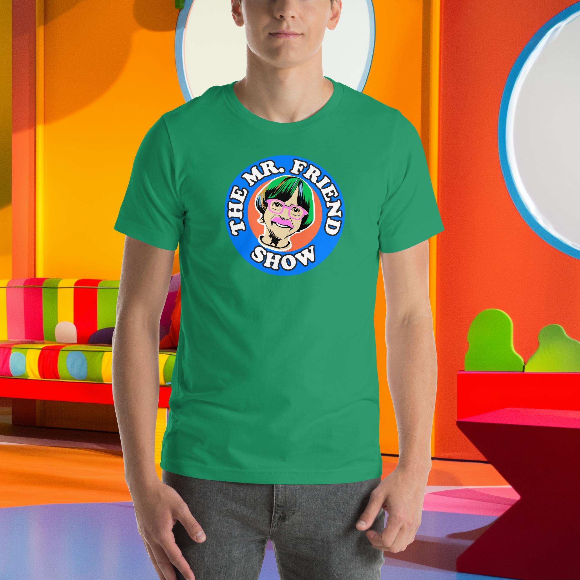 Unisex green T-shirt featuring The Mr. Friend Show logo, perfect for kids and adults alike.