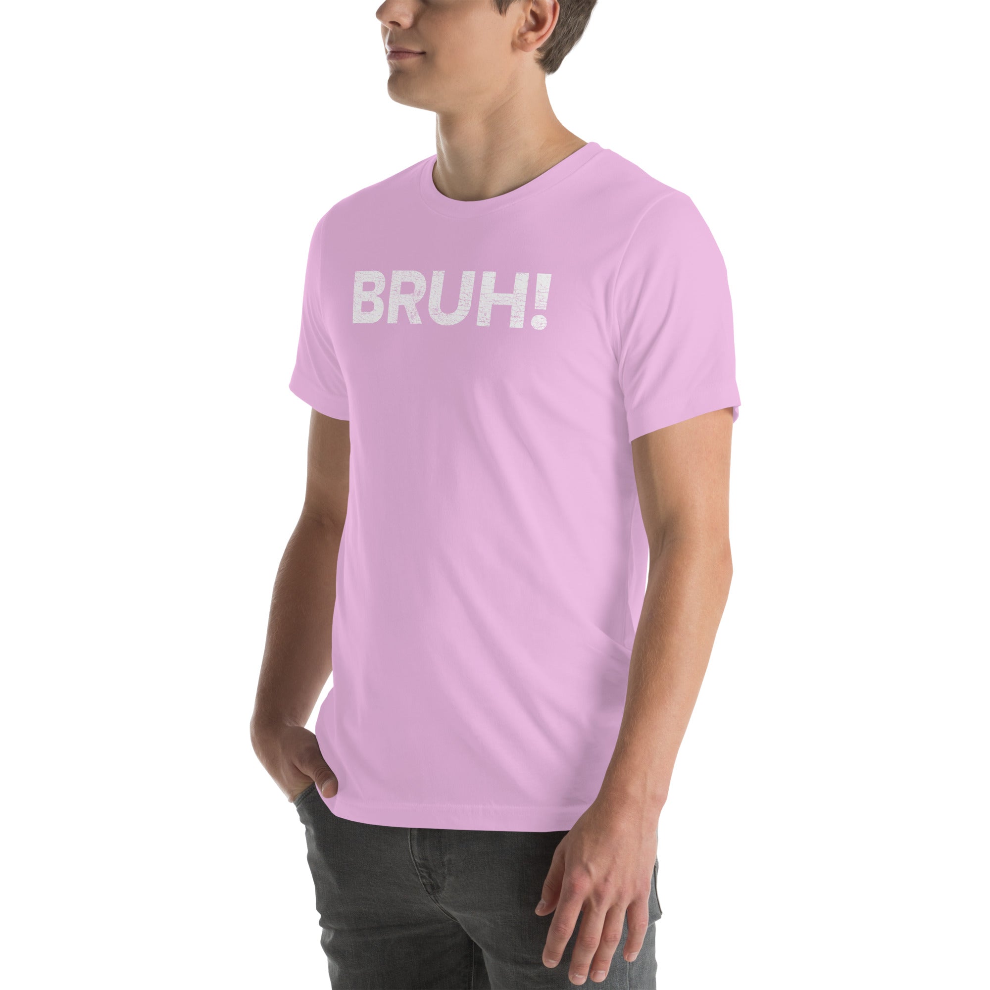 Unisex pink &quot;Bruh!&quot; t-shirt, showcasing a casual style perfect for relaxed outings and everyday wear.
