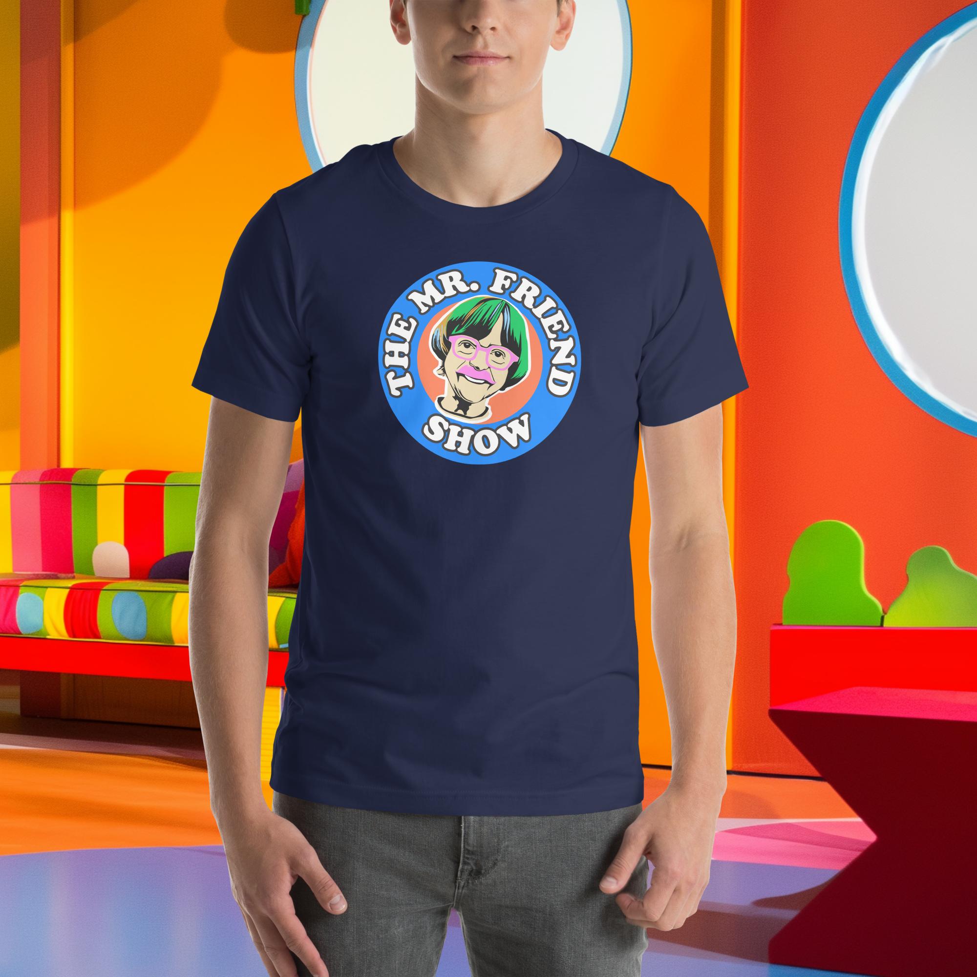 Unisex navy t-shirt featuring The Mr. Friend Show logo, worn in a vibrant, colorful setting. Perfect for kids and adults!