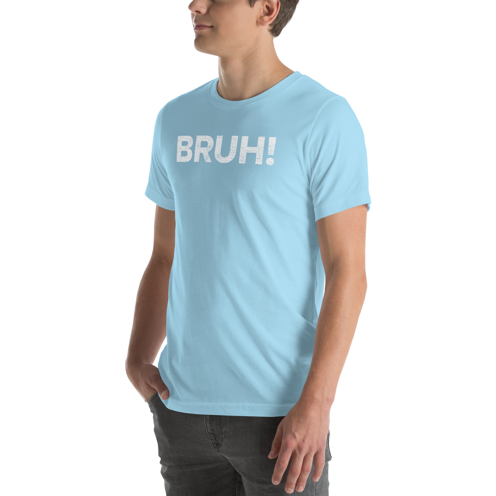 Light blue unisex t-shirt with &quot;BRUH!&quot; printed on the front, ideal for casual wear and relaxed styles.