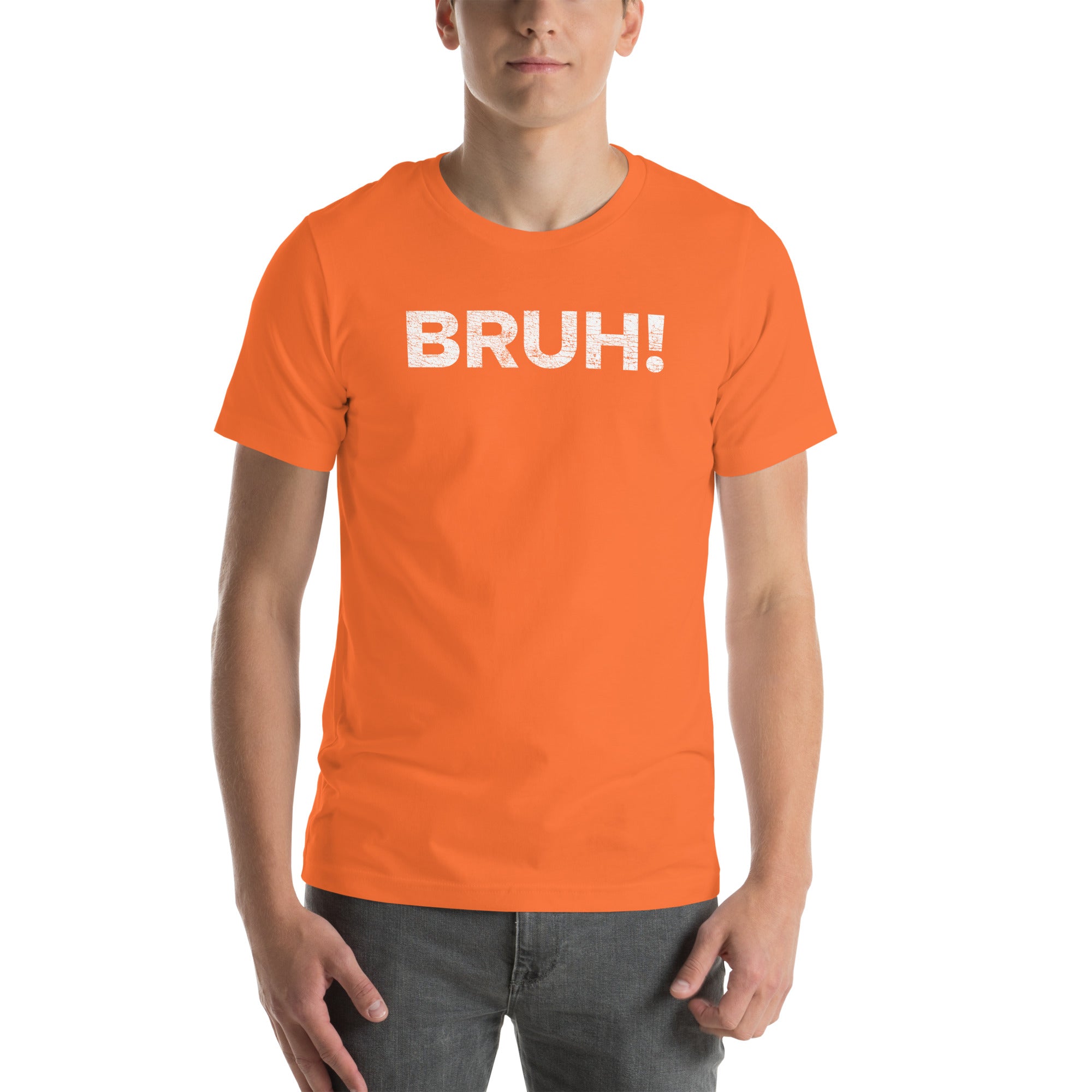Unisex orange &#39;Bruh&#39; T-shirt worn by a model, showcasing a relaxed and carefree style, perfect for casual outings.