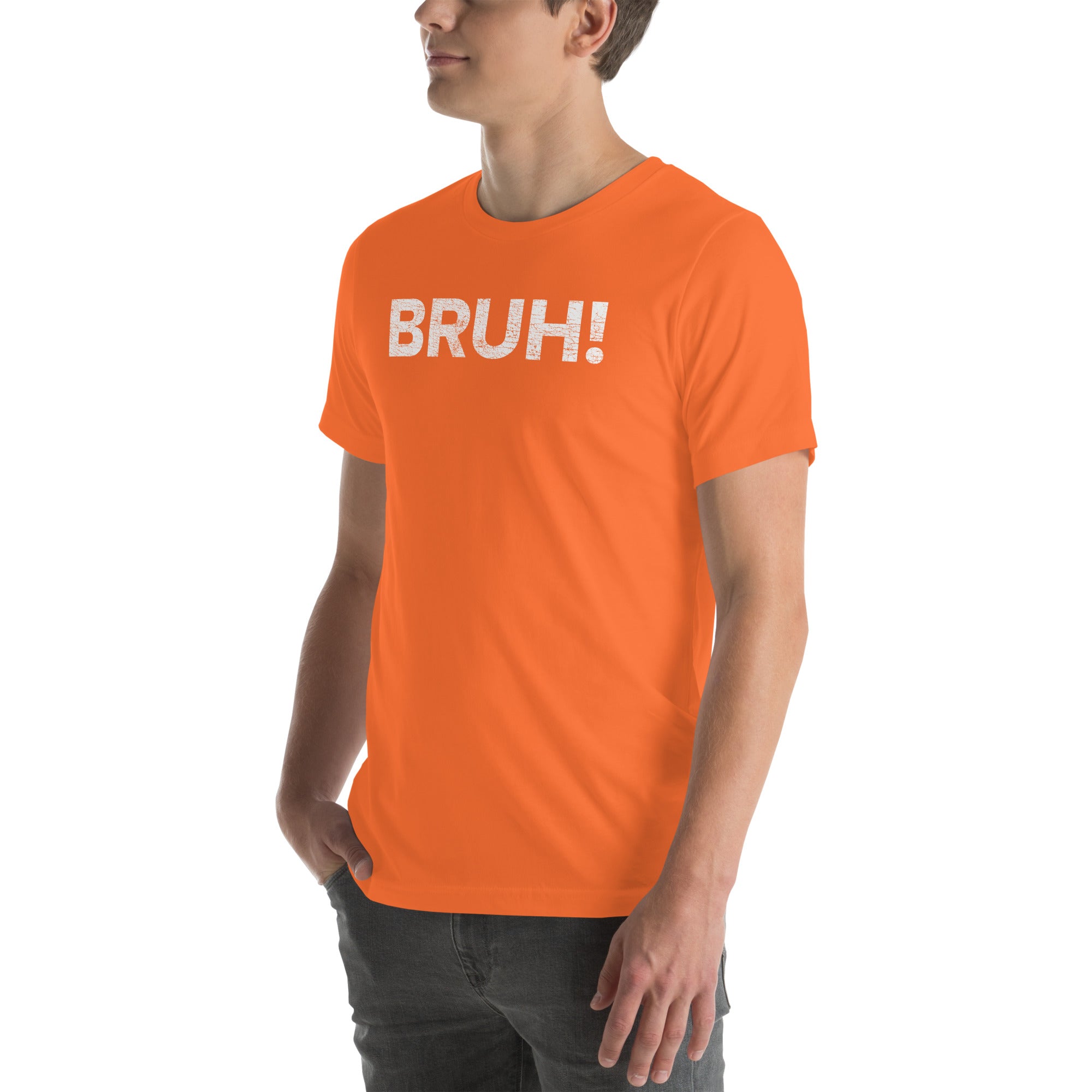 Unisex orange &#39;Bruh!&#39; T-shirt worn by a man, showcasing casual style and comfort for everyday wear.