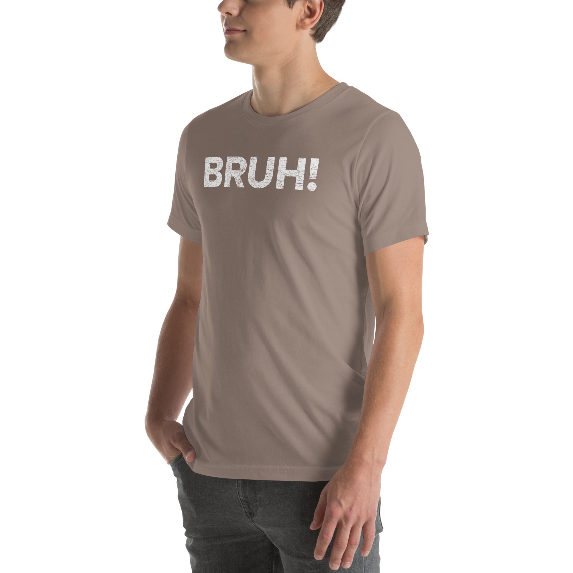 Unisex &#39;Bruh!&#39; T-shirt in taupe, designed for a carefree and relaxed style. Perfect for casual outings.