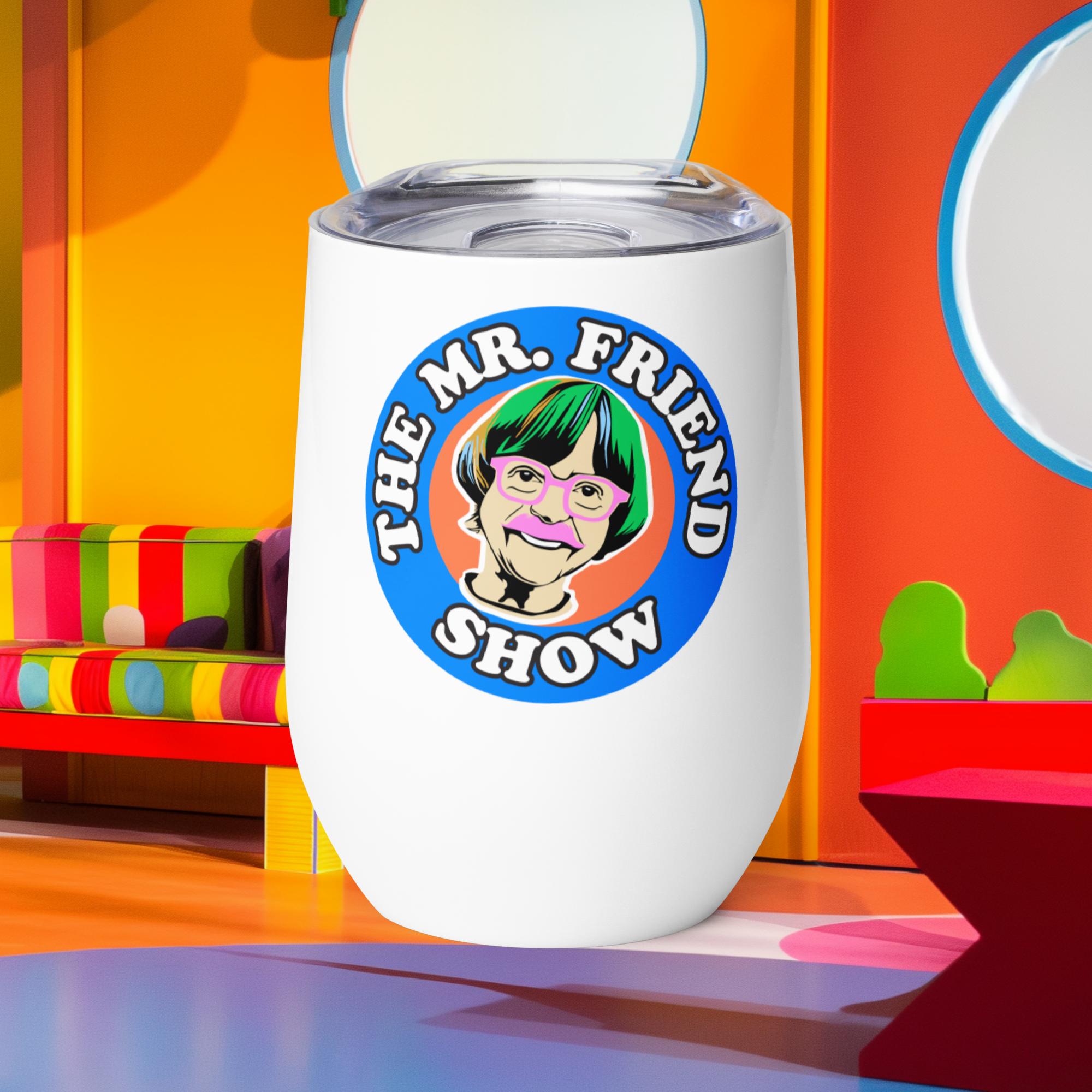 Mr. Friend wine tumbler featuring colorful logo, perfect for outdoor parties and keeping drinks fresh in style.